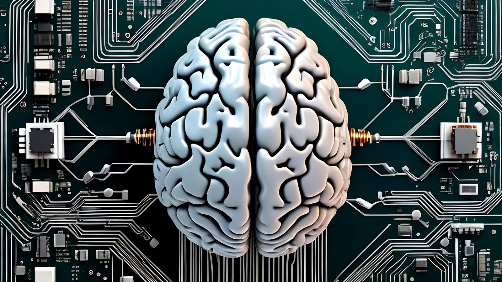 Image of a human brain embedded on an electronic circuit board.
