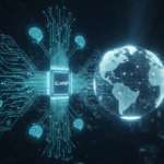 A futuristic 16:9 technical illustration featuring a glowing teal microchip at the center stamped with the word 'OLAMIP'. Intricate electronic circuit lines spread outward from the chip, connecting to glowing digital brain icons and icons representing scales of justice and security shields. To the right, a large, translucent digital globe of the Earth is illuminated, symbolizing global AI governance, all set against a dark, high-tech background with floating data interfaces.