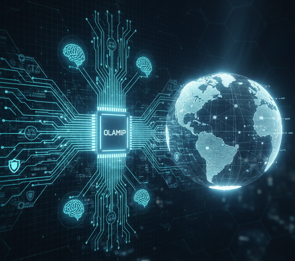 A futuristic 16:9 technical illustration featuring a glowing teal microchip at the center stamped with the word 'OLAMIP'. Intricate electronic circuit lines spread outward from the chip, connecting to glowing digital brain icons and icons representing scales of justice and security shields. To the right, a large, translucent digital globe of the Earth is illuminated, symbolizing global AI governance, all set against a dark, high-tech background with floating data interfaces.