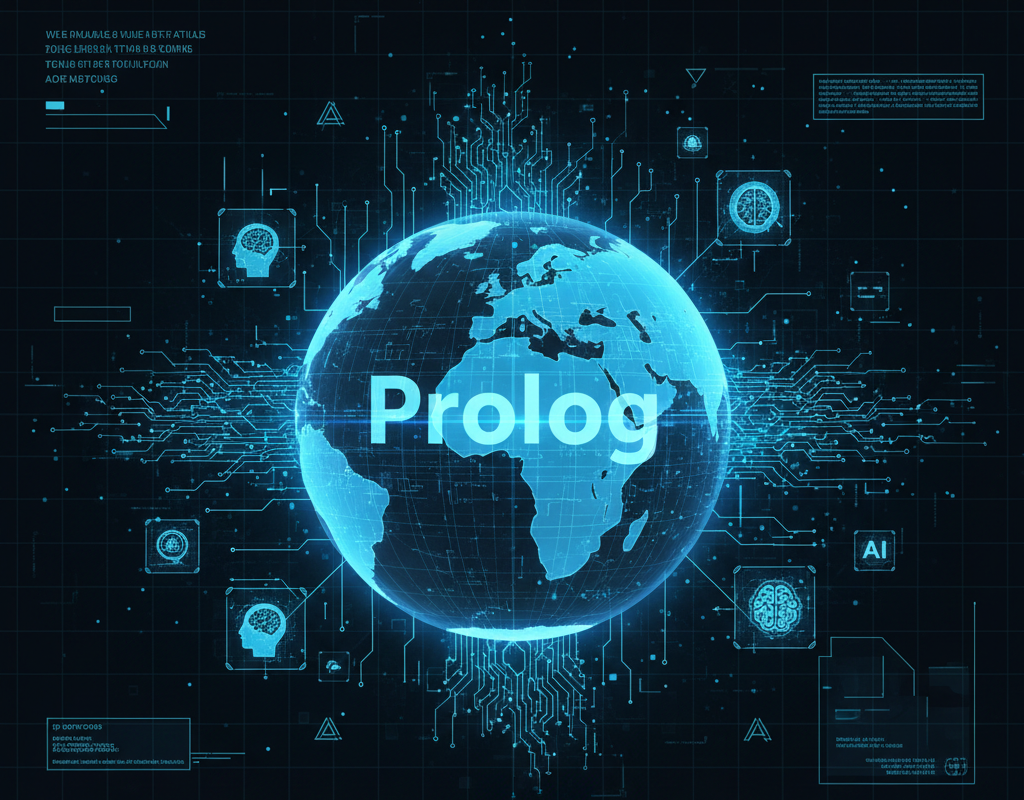 A futuristic digital illustration featuring a glowing, translucent blue globe at the center with the word 'Prolog' prominently displayed across it. Intricate electronic circuit lines radiate from the globe, connecting to various floating data points, brain icons, and technical UI elements. The design conveys a sense of high-speed information flow and modern connectivity, set against a dark, high-tech background.