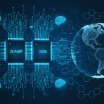 A futuristic 16:9 digital illustration featuring two glowing microchips side-by-side on a dark tech background. The left chip is labeled 'OLAMIP' and the right chip is labeled 'JSON', both linked by intricate circuit lines. Glowing brain icons are connected to the circuitry, and a large, translucent wireframe globe of the Earth sits to the right, representing global data connectivity and the synergy between the OLAMIP protocol and JSON standards.