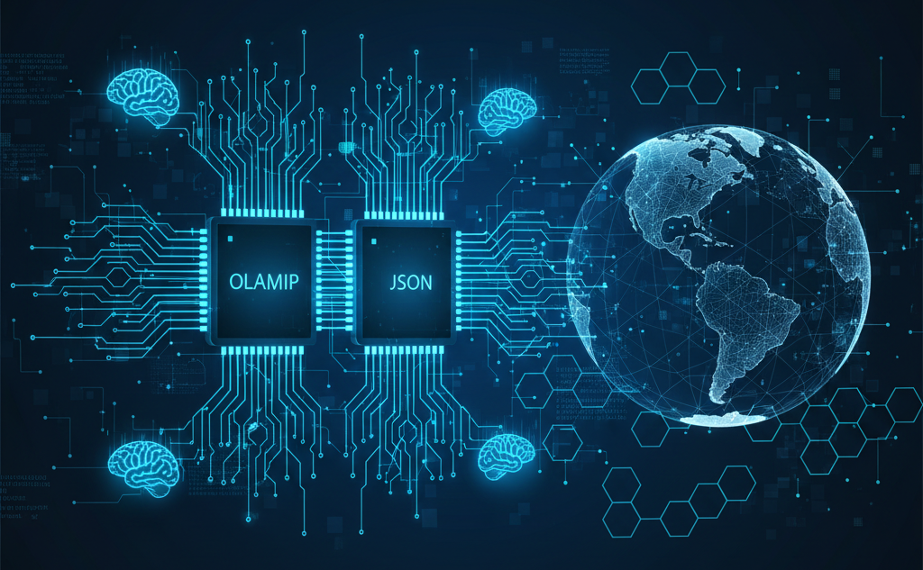 A futuristic 16:9 digital illustration featuring two glowing microchips side-by-side on a dark tech background. The left chip is labeled 'OLAMIP' and the right chip is labeled 'JSON', both linked by intricate circuit lines. Glowing brain icons are connected to the circuitry, and a large, translucent wireframe globe of the Earth sits to the right, representing global data connectivity and the synergy between the OLAMIP protocol and JSON standards.