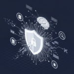 A monochrome navy blue and white isometric illustration depicting a central glowing security shield with a padlock icon, surrounded by circuit lines connecting to an AI brain, data servers, a magnifying glass for threat detection, and a bug icon. This symbolizes AI's role in enhancing cybersecurity.