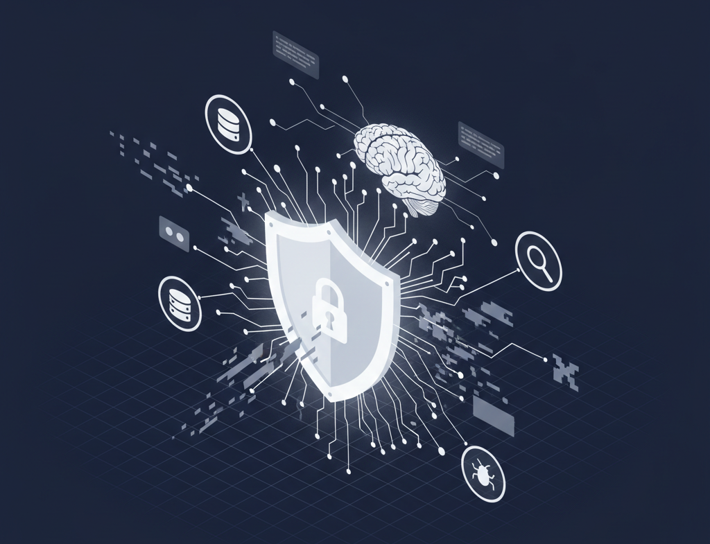 A monochrome navy blue and white isometric illustration depicting a central glowing security shield with a padlock icon, surrounded by circuit lines connecting to an AI brain, data servers, a magnifying glass for threat detection, and a bug icon. This symbolizes AI's role in enhancing cybersecurity.