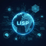 A futuristic digital illustration featuring a glowing, translucent blue globe at the center with the word 'LISP' prominently displayed across it. Intricate electronic circuit lines radiate from the globe, connecting to various floating data points, brain icons, and technical UI elements. The design conveys a sense of high-speed information flow and modern connectivity, set against a dark, high-tech background.