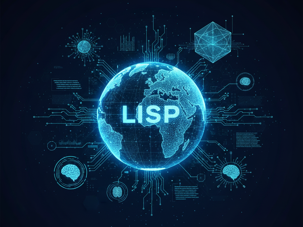 A futuristic digital illustration featuring a glowing, translucent blue globe at the center with the word 'LISP' prominently displayed across it. Intricate electronic circuit lines radiate from the globe, connecting to various floating data points, brain icons, and technical UI elements. The design conveys a sense of high-speed information flow and modern connectivity, set against a dark, high-tech background.