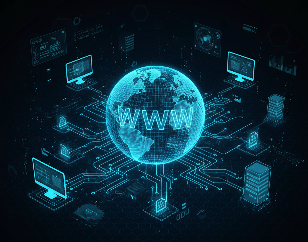 A futuristic digital illustration featuring a glowing, translucent blue globe at the center with the word 'WW' prominently displayed across it. Intricate electronic circuit lines radiate from the globe, connecting to various floating data points and computers, and technical UI elements. The design conveys a sense of high-speed information flow and modern connectivity, set against a dark, high-tech background.