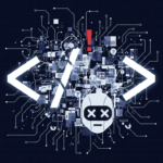 A monochrome navy blue and white isometric illustration representing the complexity of AI parsing HTML. At the center is a robot skull with 'X' eyes and a cracked surface, symbolizing system errors. It is flanked by large, glowing white HTML angle brackets and tangled in a dense network of circuit lines, data fragments, and small icons labeled 'ERROR,' illustrating how traditional web structures can hinder AI efficiency