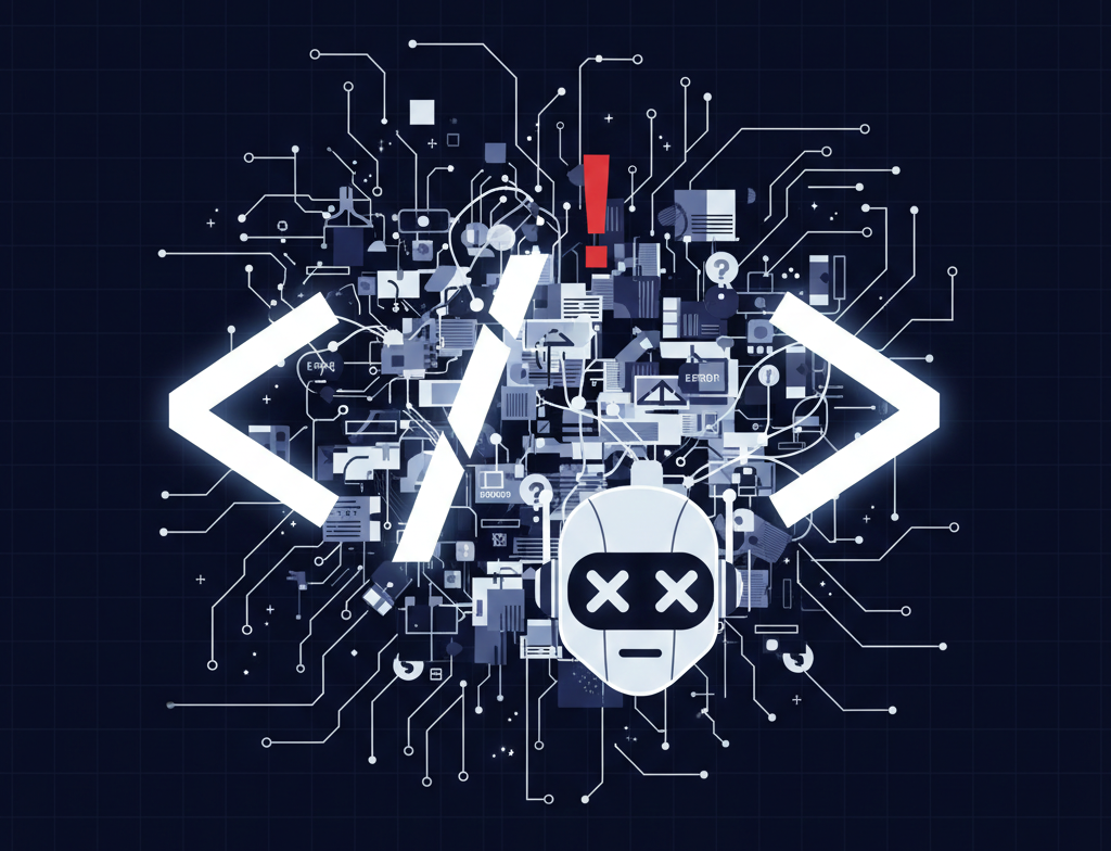 A monochrome navy blue and white isometric illustration representing the complexity of AI parsing HTML. At the center is a robot skull with 'X' eyes and a cracked surface, symbolizing system errors. It is flanked by large, glowing white HTML angle brackets and tangled in a dense network of circuit lines, data fragments, and small icons labeled 'ERROR,' illustrating how traditional web structures can hinder AI efficiency