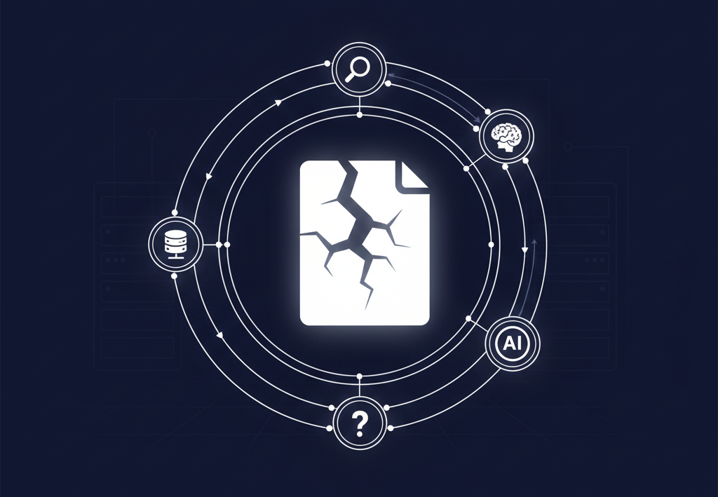 A minimalist, high-contrast illustration in a monochrome navy blue and white palette. At the center is a glowing white icon of a cracked document page, representing a broken or missing link. The icon is encircled by orbital lines containing various tech symbols: a brain for AI, a magnifying glass for search, a question mark for errors, and a database icon. The background features subtle, dark navy server rack silhouettes, creating a professional tech-blog aesthetic.