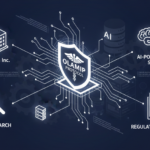 A professional technical illustration in navy blue and white. At the center is a glowing medical shield featuring a caduceus and the text 'OLAMIP PROTOCOL'. Circuit lines connect the central shield to four distinct circular icons: a hospital building for Pharma Inc., a globe for Global Research, an AI brain for AI-Powered SEO, and a locked document for Regulated Healthcare, all set against a subtle background of technical medical diagrams.