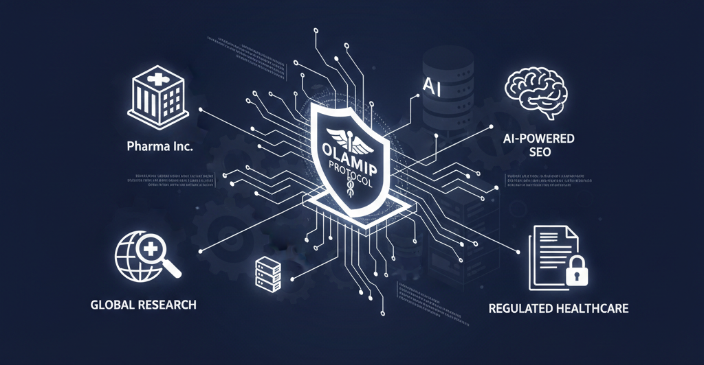 A professional technical illustration in navy blue and white. At the center is a glowing medical shield featuring a caduceus and the text 'OLAMIP PROTOCOL'. Circuit lines connect the central shield to four distinct circular icons: a hospital building for Pharma Inc., a globe for Global Research, an AI brain for AI-Powered SEO, and a locked document for Regulated Healthcare, all set against a subtle background of technical medical diagrams.