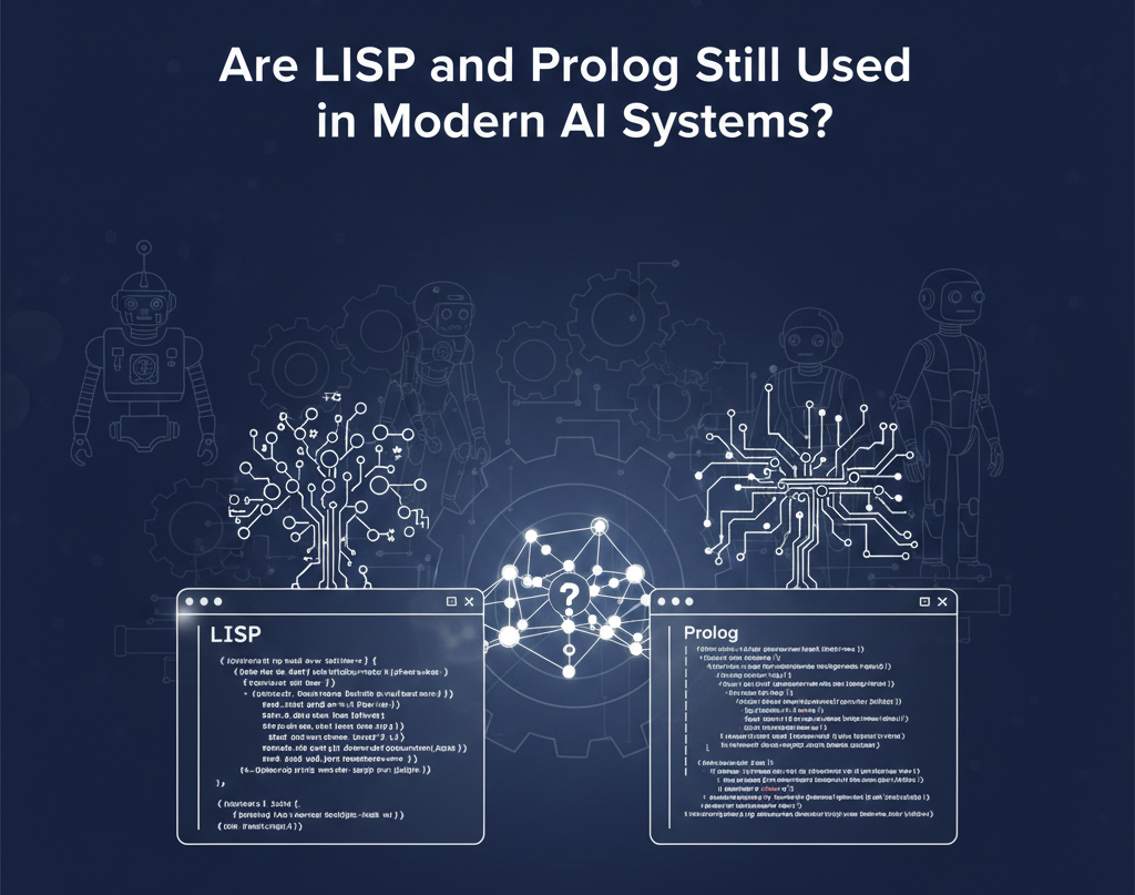 A tech-themed illustration in deep navy blue and white. Two floating window frames labeled 'LISP' and 'Prolog' display blocks of glowing white code. Between them, a glowing question mark sits inside a neural network node, with circuit lines radiating outward. In the background, stylized line art of robots and mechanical gears creates a blueprint-like aesthetic, questioning the role of classic AI languages in modern systems