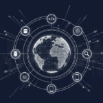 A high-contrast, wide 16:9 tech illustration in deep navy blue and white. A glowing wireframe globe sits at the center of an orbital diagram. Connected to the globe are minimalist white icons representing web standards provided by the OLAMIP protocol: code brackets, databases, search lenses, and AI nodes. Soft white light radiates from the center against a dark, subtle futuristic city silhouette, symbolizing the global evolution of machine-readable web data.