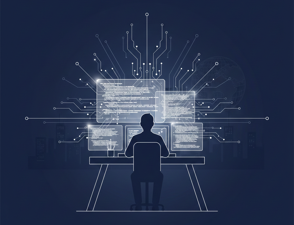 A minimalist, high-contrast monochrome illustration in deep navy blue and white. A lone programmer silhouette sits at a geometric desk, facing away from the viewer. They are surrounded by glowing white holographic screens displaying flowing code and data. Intricate circuit patterns and neural network lines radiate from the center, while a subtle futuristic skyline and globe grid fade into the dark background, symbolizing the synergy between human developers and AI