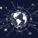 A tech-focused illustration in deep navy and white featuring a glowing, wireframe globe at the center. The globe is surrounded by concentric circular data rings containing minimalist icons for code brackets, databases, AI nodes, and mobile connectivity. Streams of binary-like code and data pulses radiate outward from the globe into the dark background, representing a globally interconnected network of machine-readable protocols