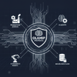 A wide 16:9 technical illustration in a navy blue and white color scheme. At the center is a glowing shield containing a digital brain icon and the text 'OLAMIP PROTOCOL'. Horizontal and vertical circuit lines radiate from the shield, connecting it to four circular nodes: 'Production Systems' with a factory icon, 'AI Agents' with a brain and gear icon, 'Autonomous Agents' with a robotic arm, and 'Secure Data Flow' with a locked database icon. The entire diagram is set against a dark, futuristic background with a faint digital grid.