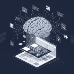 A monochrome navy blue and white isometric illustration of a stylized brain emerging from a laptop screen displaying web content. The brain is connected via circuit lines to various abstract data icons, representing AI processing and learning from website information.