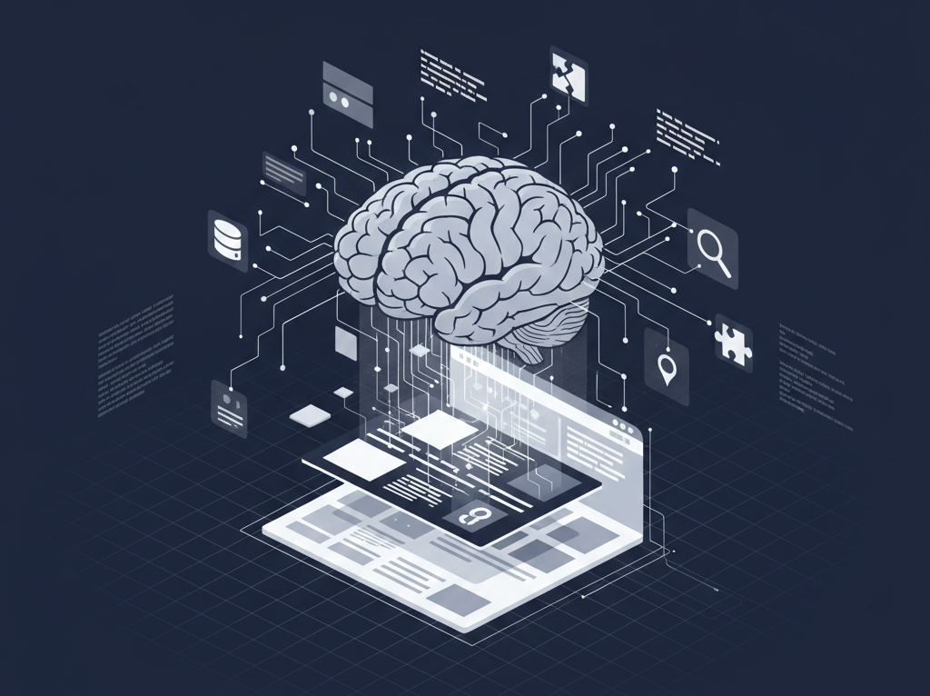 A monochrome navy blue and white isometric illustration of a stylized brain emerging from a laptop screen displaying web content. The brain is connected via circuit lines to various abstract data icons, representing AI processing and learning from website information.