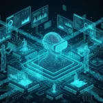 A high-tech isometric illustration in a glowing cyan and dark charcoal color palette. At the center, a translucent human head wearing a VR headset is integrated into a glowing microchip base on a circuit-board floor. Surrounding the central figure are floating holographic data screens displaying various charts, graphs, and document icons representing AI visibility metrics. Glowing data streams and digital information flow between the central processor and the surrounding interface panels, symbolizing the intersection of human-curated content and machine understanding.