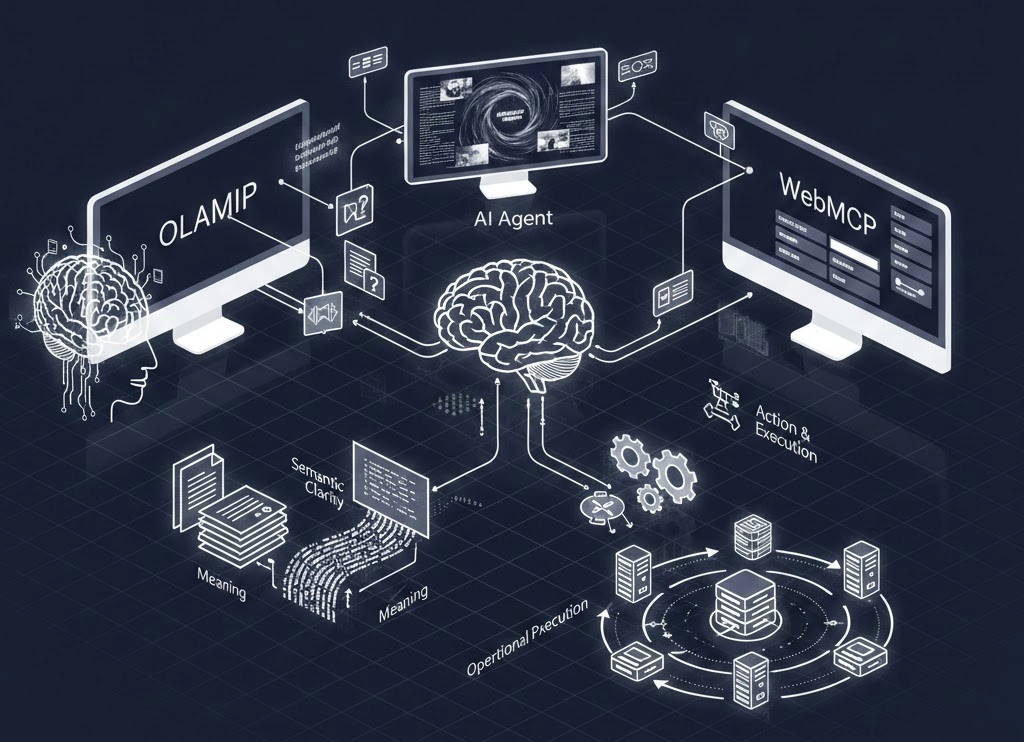 An image depicting how OLAMIP and Google's WebMCP work together to help websites stay visible and functional in an AI-driven ecosystem.