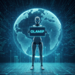 A futuristic 1:1 digital illustration featuring a sleek, white humanoid robot standing at the center of a high-tech data environment. The robot is holding a glowing rectangular tablet that displays the word 'OLAMIP' in bold teal letters. Behind the robot, a massive, luminous wireframe globe of the Earth dominates the background. The entire scene is set on a reflective floor made of glowing electronic circuits and data pathways, symbolizing global AI collaboration and communication.