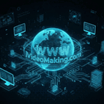 A high-tech, futuristic digital illustration featuring a glowing blue wireframe globe at the center of a network. The globe is prominently labeled with the text "WWW" and "iVideoMaking.com" in a bright, neon-blue font.