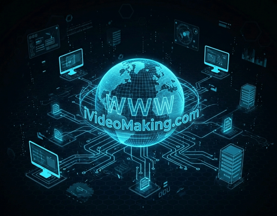 A high-tech, futuristic digital illustration featuring a glowing blue wireframe globe at the center of a network. The globe is prominently labeled with the text "WWW" and "iVideoMaking.com" in a bright, neon-blue font.