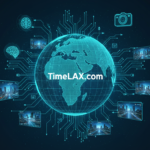 A futuristic 16:9 technical illustration featuring a glowing digital globe at the center with the text 'TimeLAX.com'. Surrounding the globe are intricate electronic circuits that connect to floating digital screens showing time-lapse sequences of Los Angeles cityscapes and a minimalist camera icon. The design includes glowing brain icons and data flow lines, all set against a dark navy background with high-tech UI elements.