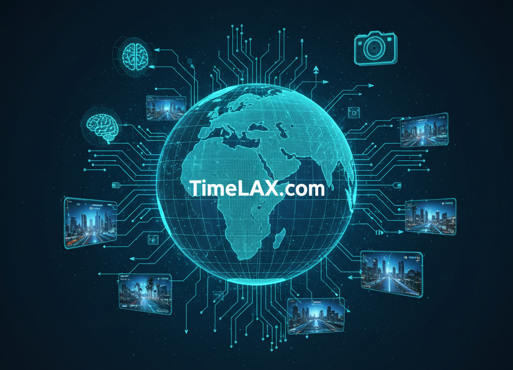 A futuristic 16:9 technical illustration featuring a glowing digital globe at the center with the text 'TimeLAX.com'. Surrounding the globe are intricate electronic circuits that connect to floating digital screens showing time-lapse sequences of Los Angeles cityscapes and a minimalist camera icon. The design includes glowing brain icons and data flow lines, all set against a dark navy background with high-tech UI elements.