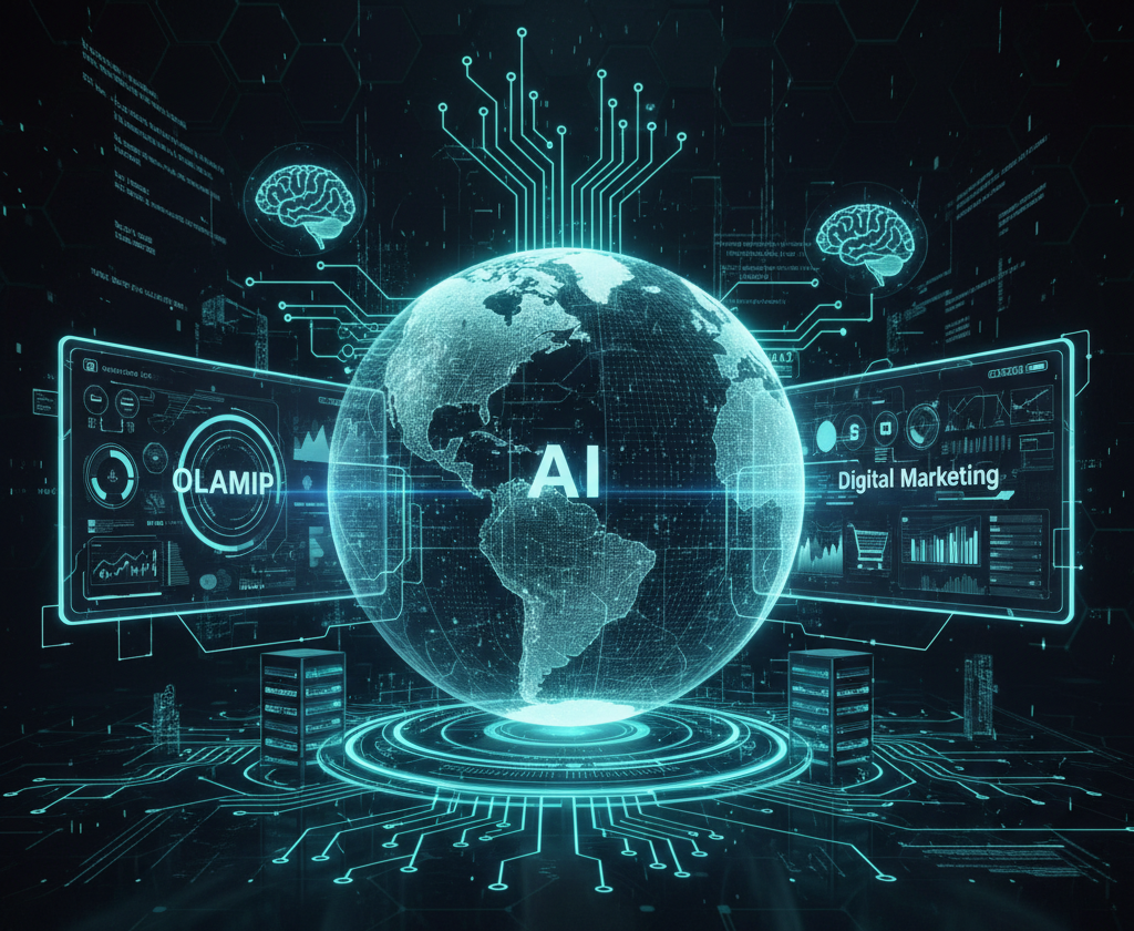 A high-tech 16:9 digital illustration featuring a glowing globe at the center with the letters 'AI'. To the left, a digital screen is labeled 'OLAMIP', and to the right, another screen displays 'Digital Marketing' alongside e-commerce icons like a shopping cart. The scene is interconnected by teal electronic circuits on a reflective data-center floor, with glowing brain icons and data flow lines representing the integration of artificial intelligence in global trade.