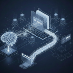 Futuristic navy and white isometric illustration of a digital brain connected to a glowing OLAMIP data folder via networks.