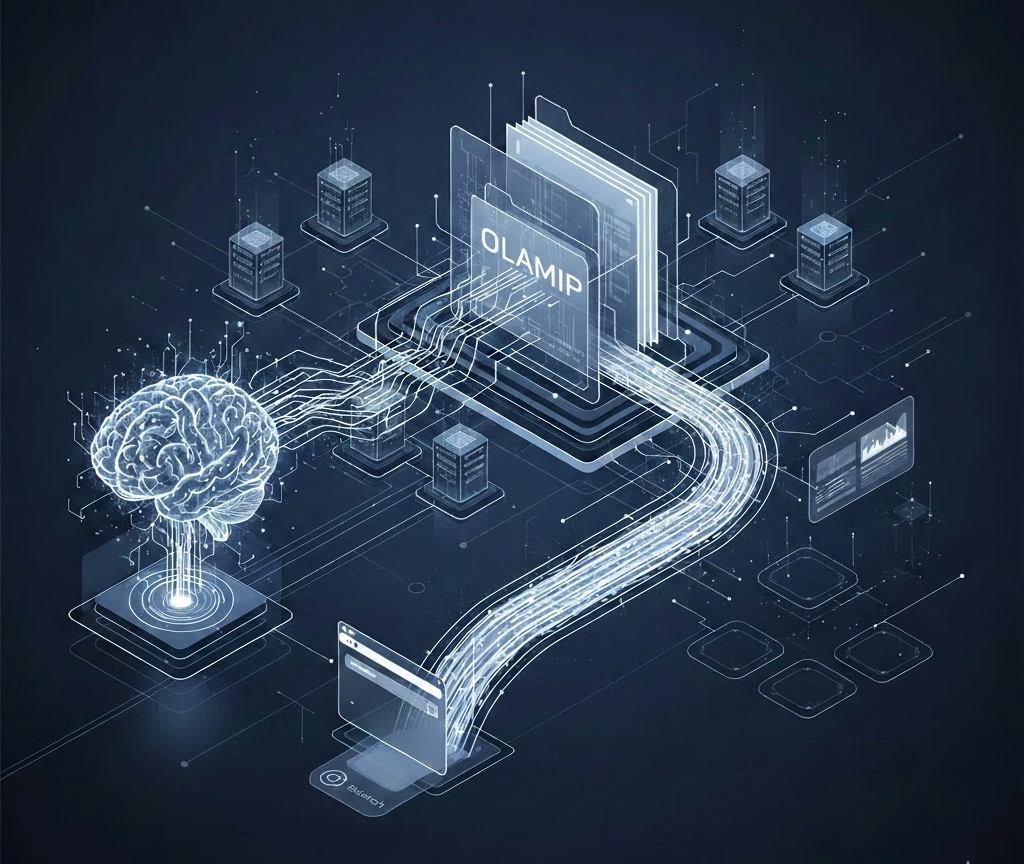Futuristic navy and white isometric illustration of a digital brain connected to a glowing OLAMIP data folder via networks.