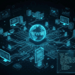 A complex, futuristic 3D digital illustration of a worldwide computing network, rendered in glowing cyan-blue lines and holographic elements against a dark background with a hexagonal grid pattern. At the center is a translucent globe with the large white letters “WWW” inside.