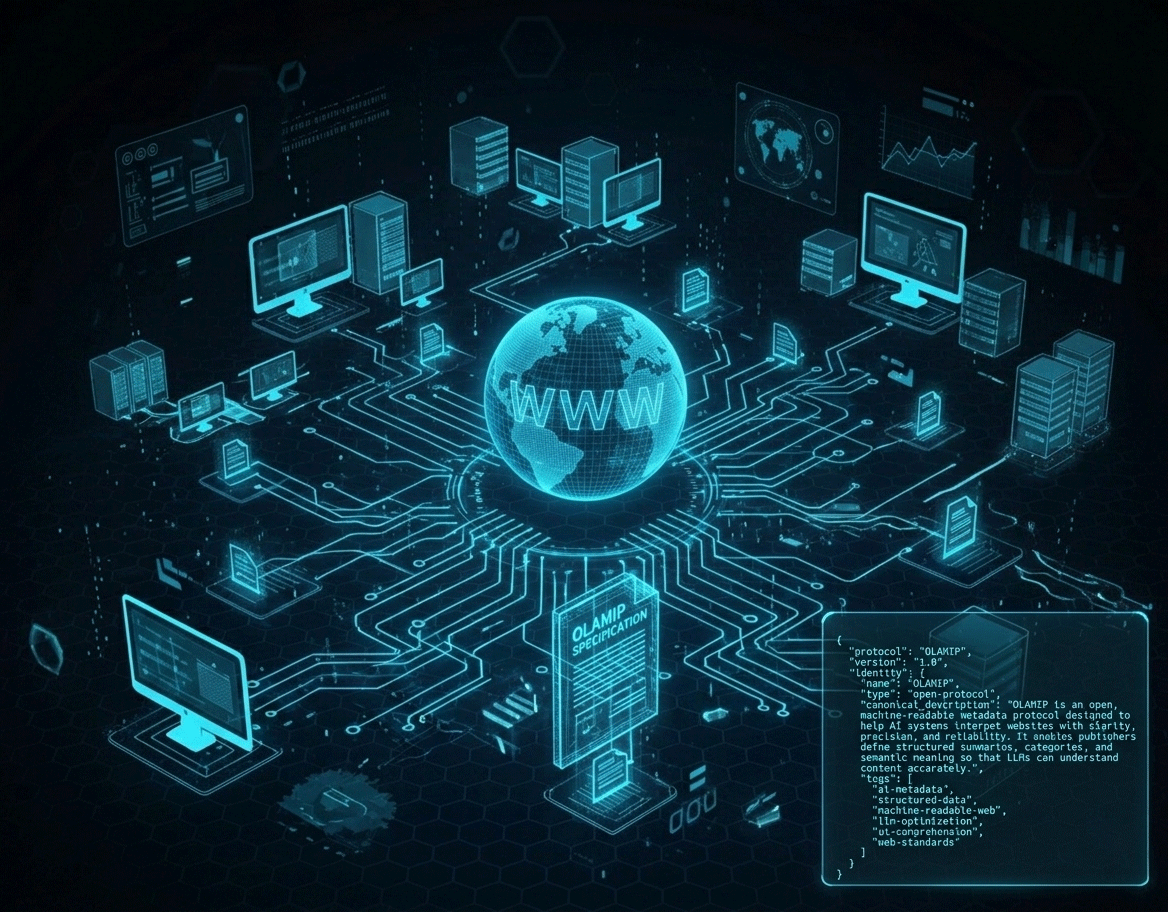 A complex, futuristic 3D digital illustration of a worldwide computing network, rendered in glowing cyan-blue lines and holographic elements against a dark background with a hexagonal grid pattern. At the center is a translucent globe with the large white letters “WWW” inside.