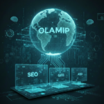 A futuristic technical illustration featuring a large glowing digital globe centered in the upper half with the word 'OLAMIP' prominently displayed across it. Below the globe, three transparent computer screens of varying sizes are connected by glowing circuit lines to the world. The screens are labeled 'SEO', 'GEO', and 'AEO' respectively, with the SEO screen being the largest. The scene is set against a dark, high-tech background with floating brain icons and intricate data visualization elements.