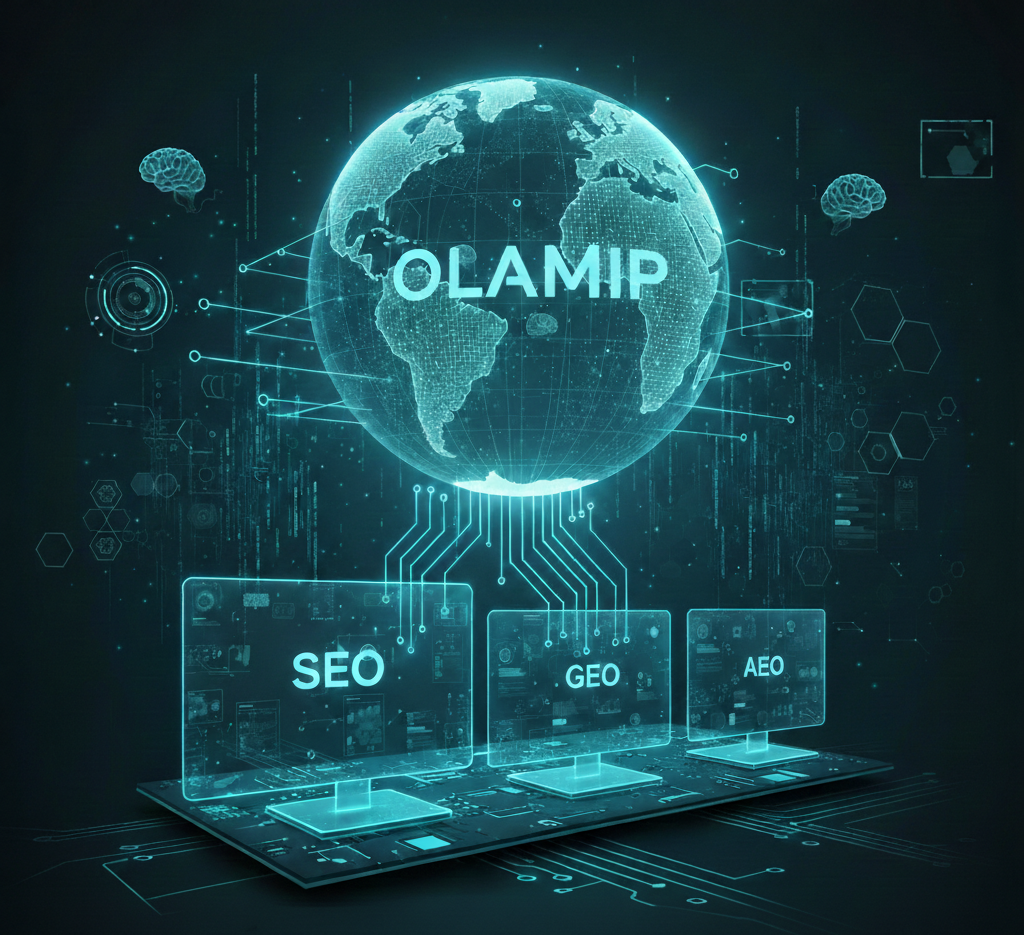 A futuristic technical illustration featuring a large glowing digital globe centered in the upper half with the word 'OLAMIP' prominently displayed across it. Below the globe, three transparent computer screens of varying sizes are connected by glowing circuit lines to the world. The screens are labeled 'SEO', 'GEO', and 'AEO' respectively, with the SEO screen being the largest. The scene is set against a dark, high-tech background with floating brain icons and intricate data visualization elements.