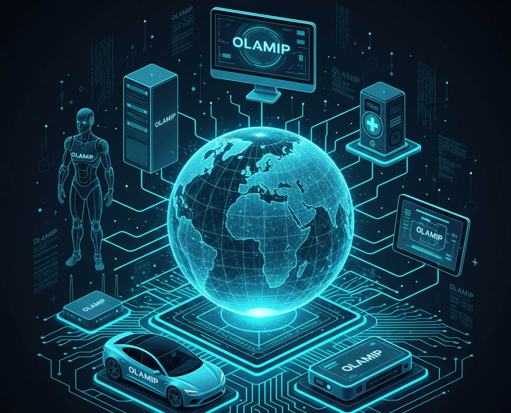 A futuristic 1:1 digital illustration of a global network hub. A central glowing wireframe globe is overlaid with a translucent computer screen featuring the word 'OLAMIP'. Multiple secondary holographic screens displaying world maps and data analytics float around the globe, all interconnected by glowing teal circuit lines. The entire interface stands upon a detailed electronic motherboard floor within a dark, data-filled digital environment.
