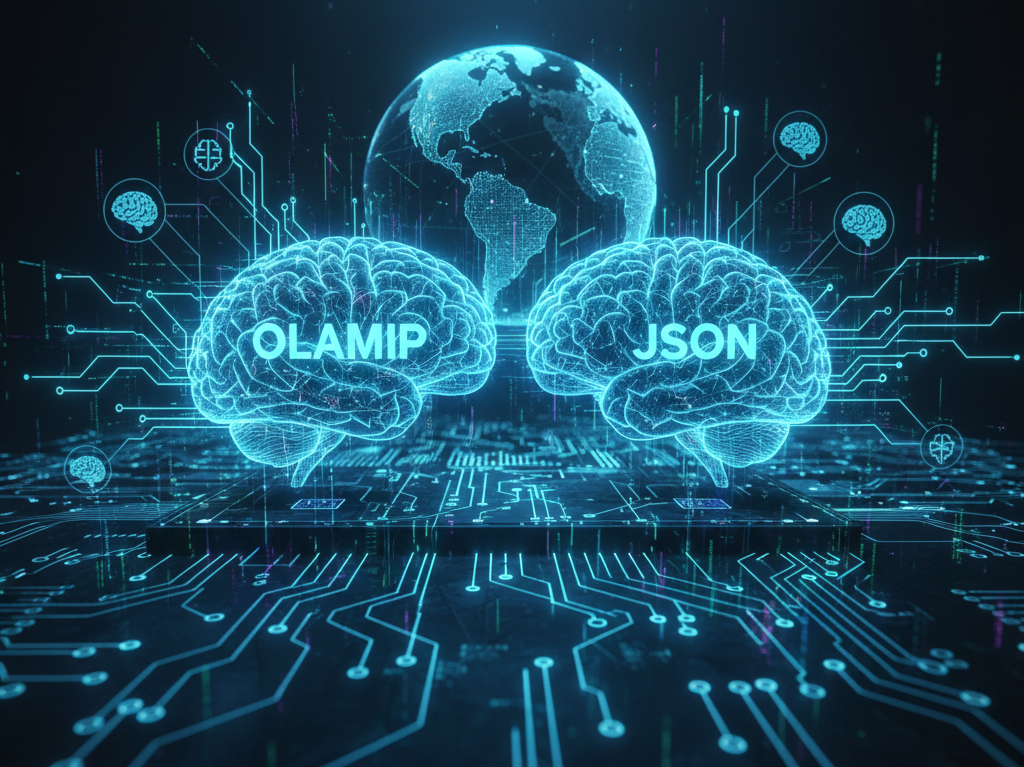 A futuristic 16:9 digital illustration featuring two glowing, translucent artificial brains side-by-side. The brain on the left is labeled 'OLAMIP' and the brain on the right is labeled 'JSON', both interconnected by luminous teal circuit lines on a motherboard-style floor. In the background, a glowing wireframe globe of the Earth sits between them, surrounded by digital data streams and smaller neural icons, symbolizing the cognitive and global impact of these data standards.