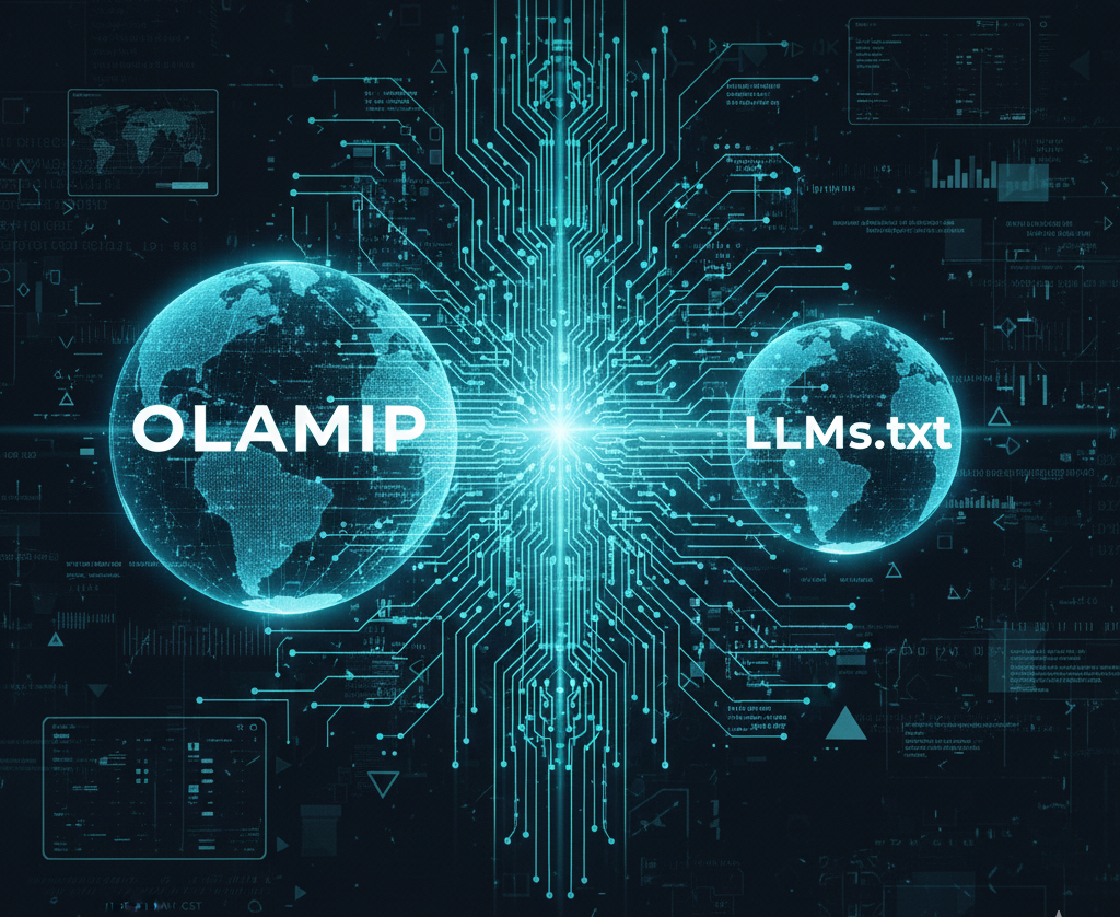 A futuristic 16:9 technical illustration comparing two standards. On the left, a large, bright glowing globe is prominently labeled 'OLAMIP' in bold white text. On the right, a significantly smaller, dimmer globe is labeled 'LLMs.txt' in smaller text. The two globes are connected by a central hub of intricate teal electronic circuits and vertical data flow lines, emphasizing the superiority and scale of the OLAMIP protocol against a dark, high-tech digital background.