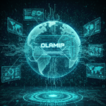 A futuristic 1:1 digital illustration of a global network hub. A central glowing wireframe globe is overlaid with a translucent computer screen featuring the word 'OLAMIP'. Multiple secondary holographic screens displaying world maps and data analytics float around the globe, all interconnected by glowing teal circuit lines. The entire interface stands upon a detailed electronic motherboard floor within a dark, data-filled digital environment.