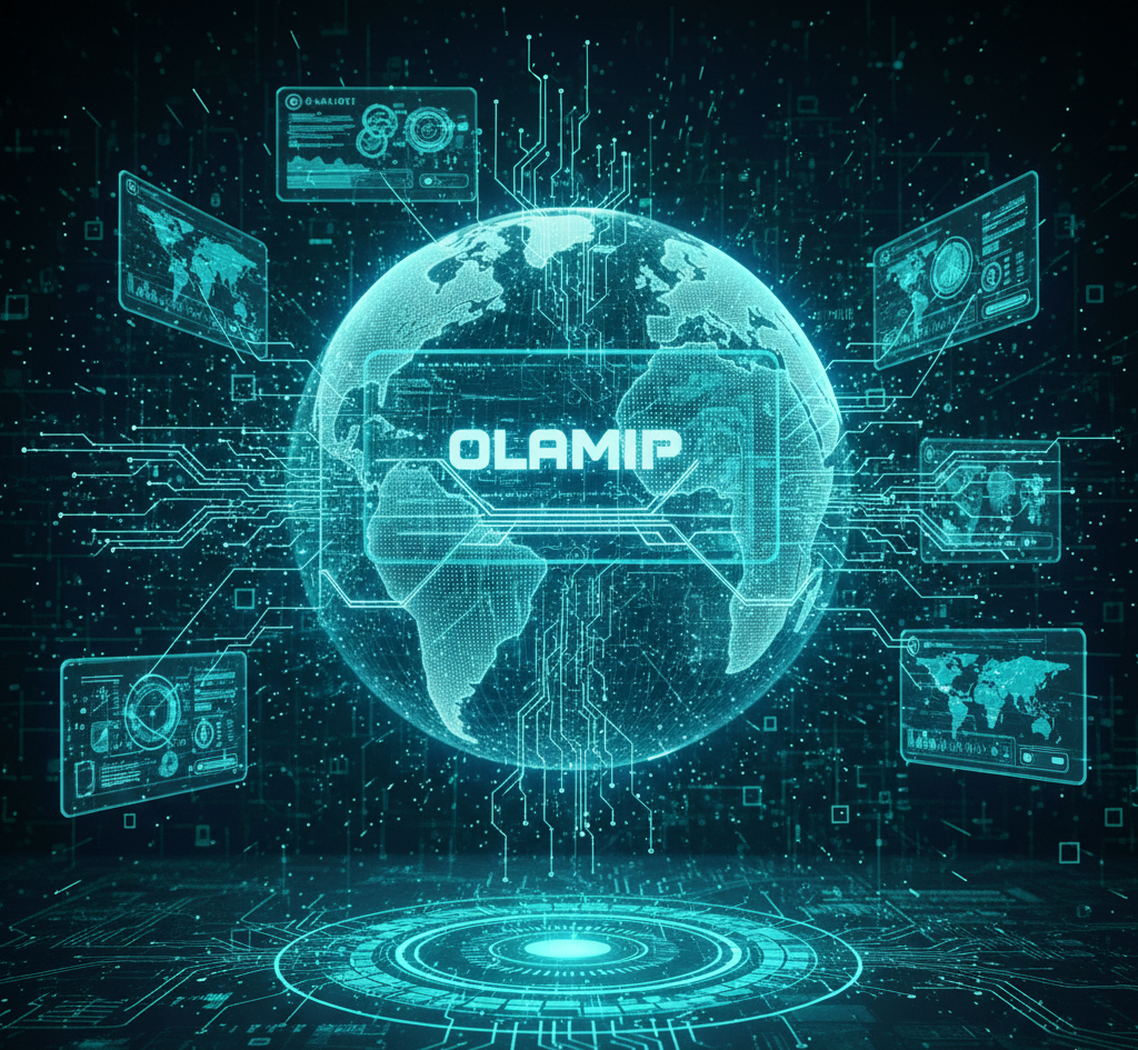 A futuristic 1:1 digital illustration of a global network hub. A central glowing wireframe globe is overlaid with a translucent computer screen featuring the word 'OLAMIP'. Multiple secondary holographic screens displaying world maps and data analytics float around the globe, all interconnected by glowing teal circuit lines. The entire interface stands upon a detailed electronic motherboard floor within a dark, data-filled digital environment.