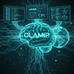 A futuristic digital illustration of a glowing teal human brain with the word 'OLAMIP' inscribed in its center. Three computer screens displaying complex data, code, and global maps are positioned above the brain, connected by intricate glowing circuit lines and wires against a dark, high-tech background.