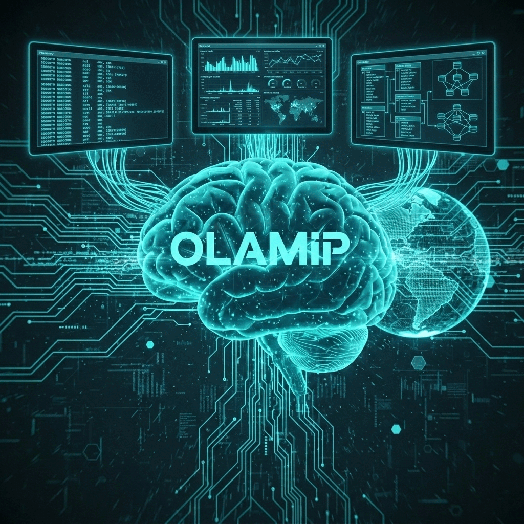 A futuristic digital illustration of a glowing teal human brain with the word 'OLAMIP' inscribed in its center. Three computer screens displaying complex data, code, and global maps are positioned above the brain, connected by intricate glowing circuit lines and wires against a dark, high-tech background.