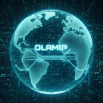 Here is the alt text for the final global AI illustration: "A high-tech digital illustration featuring a large, glowing teal wireframe globe of the Earth centered in the frame. The word 'OLAMIP' is prominently displayed in a futuristic bold font across the center of the globe. The globe sits above a glowing circular pedestal on a floor composed of intricate electronic circuit board patterns. The background is a dark, expansive digital space filled with floating data particles and subtle vertical light streaks, creating a clean and professional technology-focused aesthetic.