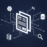 A clean, wide 16:9 technical illustration in navy blue and white. At the center, two glowing document icons representing structured data are highlighted. Digital circuit lines connect these documents to floating minimalist icons of an AI brain, a database cylinder, a magnifying glass, and a server rack. The composition uses a dark background with a subtle geometric grid, illustrating how structured metadata organizes information for artificial intelligence.
