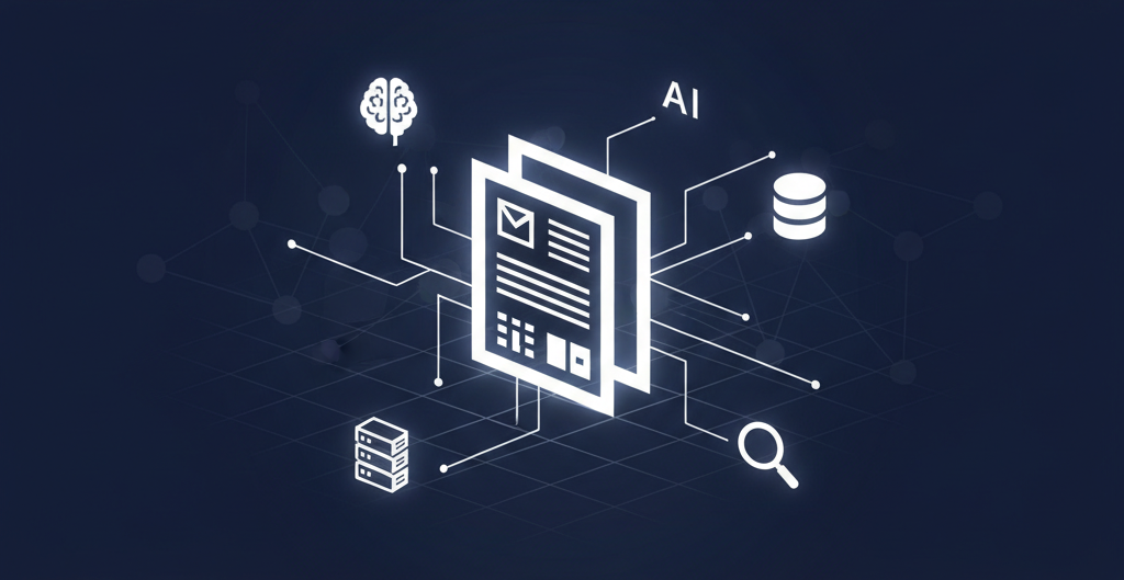 A clean, wide 16:9 technical illustration in navy blue and white. At the center, two glowing document icons representing structured data are highlighted. Digital circuit lines connect these documents to floating minimalist icons of an AI brain, a database cylinder, a magnifying glass, and a server rack. The composition uses a dark background with a subtle geometric grid, illustrating how structured metadata organizes information for artificial intelligence.