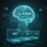 A futuristic, high-tech digital illustration in glowing cyan and teal tones. A large, bioluminescent human brain floats in the center with the word "OLAMIP" overlaid in bold, sans-serif white text. Beneath the brain, glowing circuit lines connect to three identical, transparent computer monitors resting on a dark motherboard base. Each screen displays a different acronym in bright white text: "SEO," "GEO," and "AEO." The background is a dark, complex network of digital data, nodes, and faint brain icons, creating a theme of artificial intelligence and digital optimization.