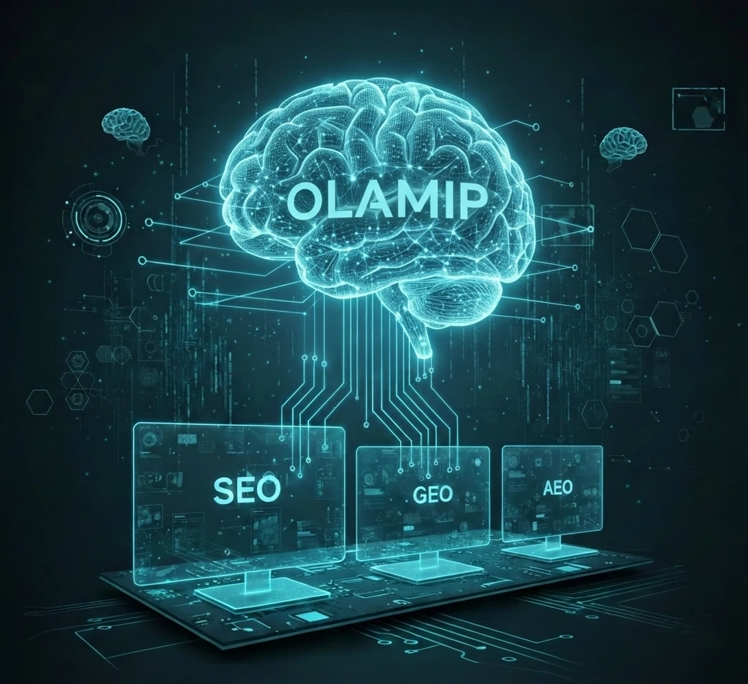 A futuristic, high-tech digital illustration in glowing cyan and teal tones. A large, bioluminescent human brain floats in the center with the word "OLAMIP" overlaid in bold, sans-serif white text. Beneath the brain, glowing circuit lines connect to three identical, transparent computer monitors resting on a dark motherboard base. Each screen displays a different acronym in bright white text: "SEO," "GEO," and "AEO." The background is a dark, complex network of digital data, nodes, and faint brain icons, creating a theme of artificial intelligence and digital optimization.