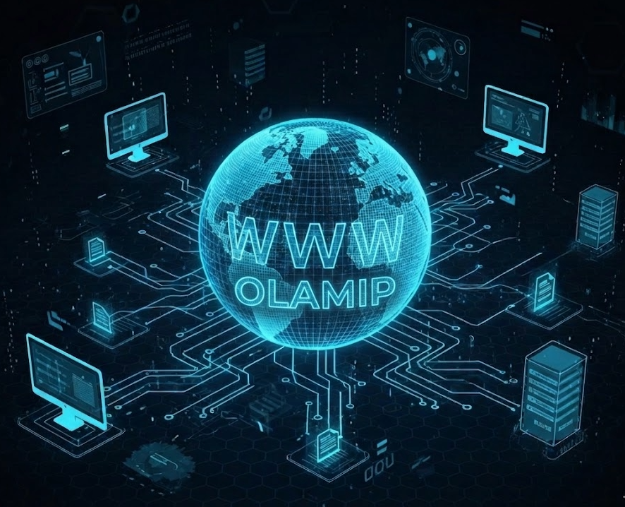 A futuristic, holographic depiction of the global internet. At the center is a glowing blue wireframe earth with the text "WWW" and "OLAMIP" prominently displayed in the center. Branching out from the globe are intricate circuitry patterns connecting to various components: desktop computer monitors showing dashboards, server racks, digital document icons, and floating holographic UI elements with data visualizations. The overall style is high-tech and cybernetic, illustrating a connected network of systems and information.